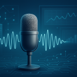 A microphone on a stand with an audio waveform graphic in the background, showcasing voice technology themes.