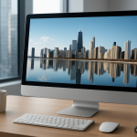 A modern desktop computer displays a city skyline reflected on water.
