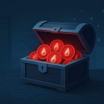 A digital illustration of a treasure chest filled with red tokens that resemble blood points, set against a tech-themed