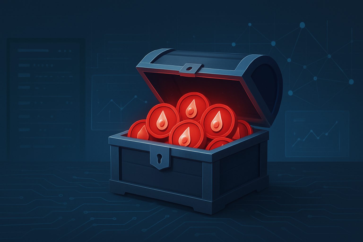 A digital illustration of a treasure chest filled with red tokens that resemble blood points, set against a tech-themed