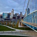 View of Cincinnati skyline with a blue bridge over a park